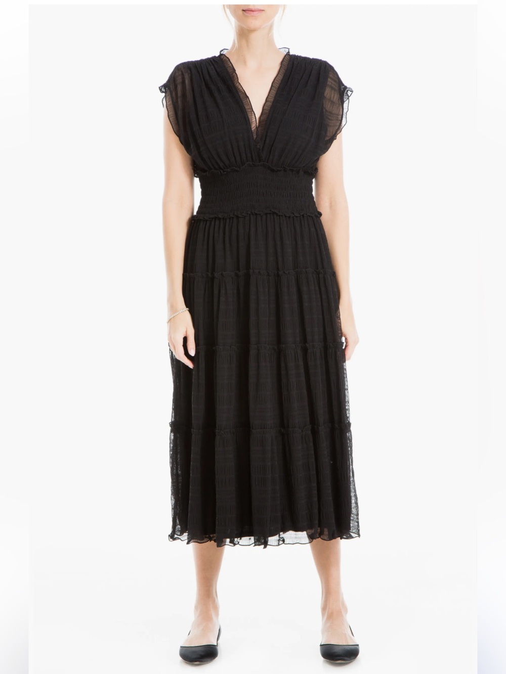 Max Studio Black Cap Sleeve Ruffled Maxi Dress with Smocked Waist Size